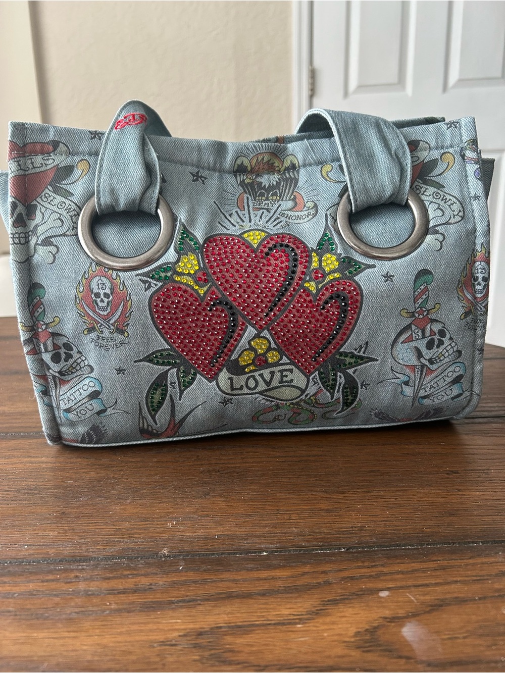 NWT Vintage Ed Hardy Denim Tattoo Heart Tote Bag Y2K Deadstock